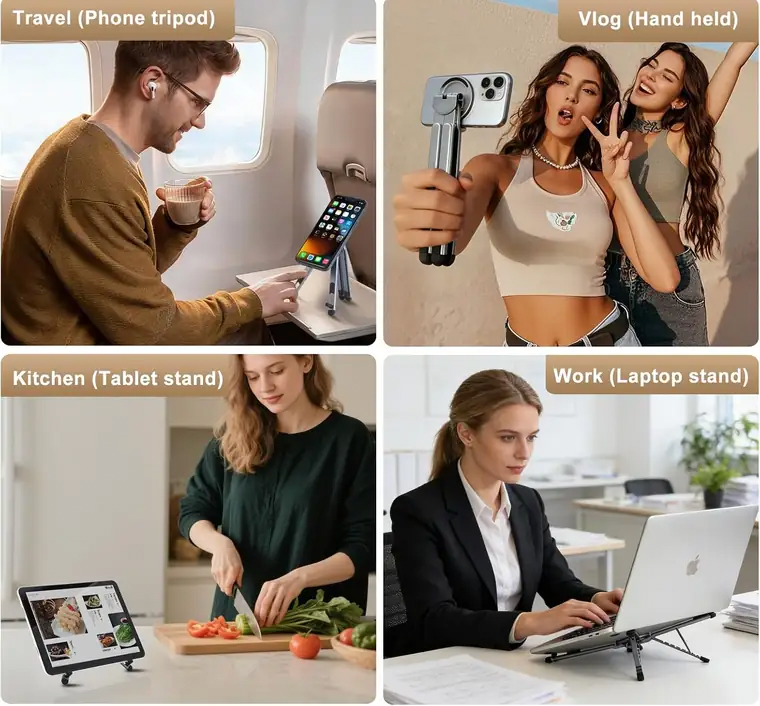 Stand shown in different everyday use scenarios